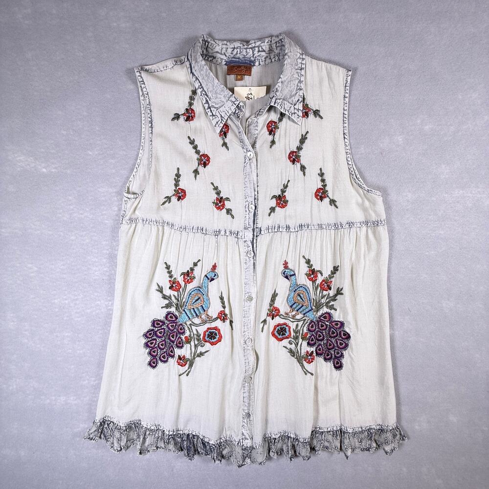 NWT Scully sleeveless peacock embroidered button down - boho western size M